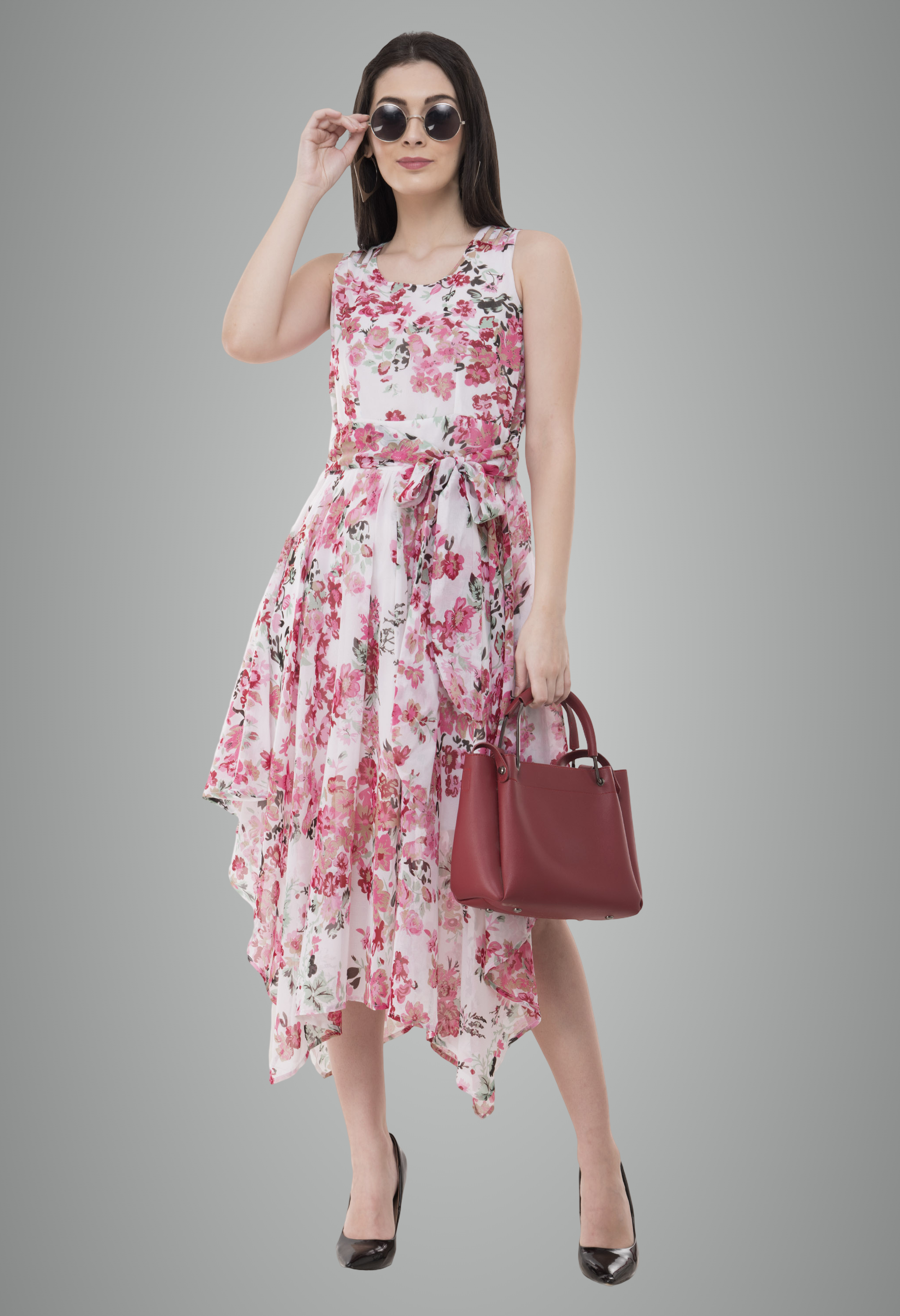 Georgette Floral Printed Sleeveless Floral Dress For Women