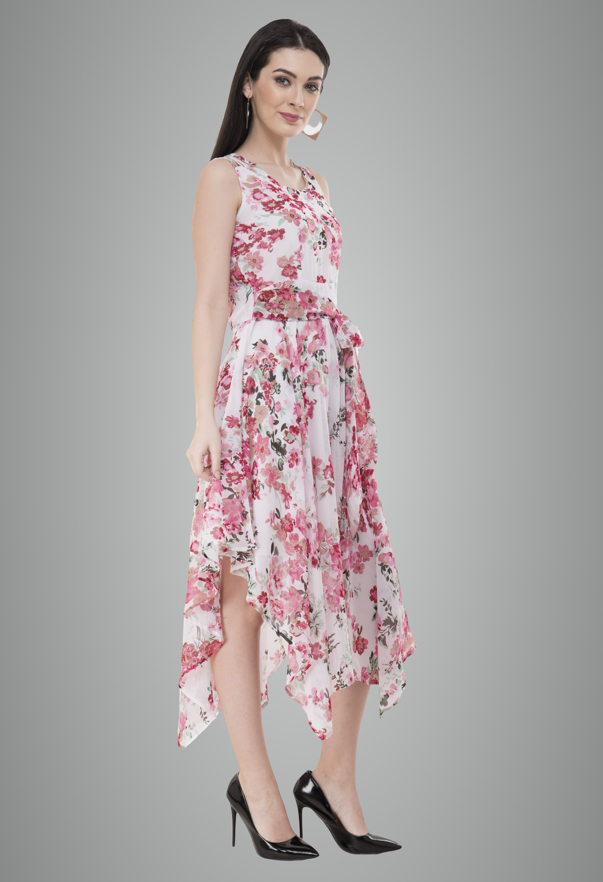 Georgette Floral Printed Sleeveless Floral Dress For Women