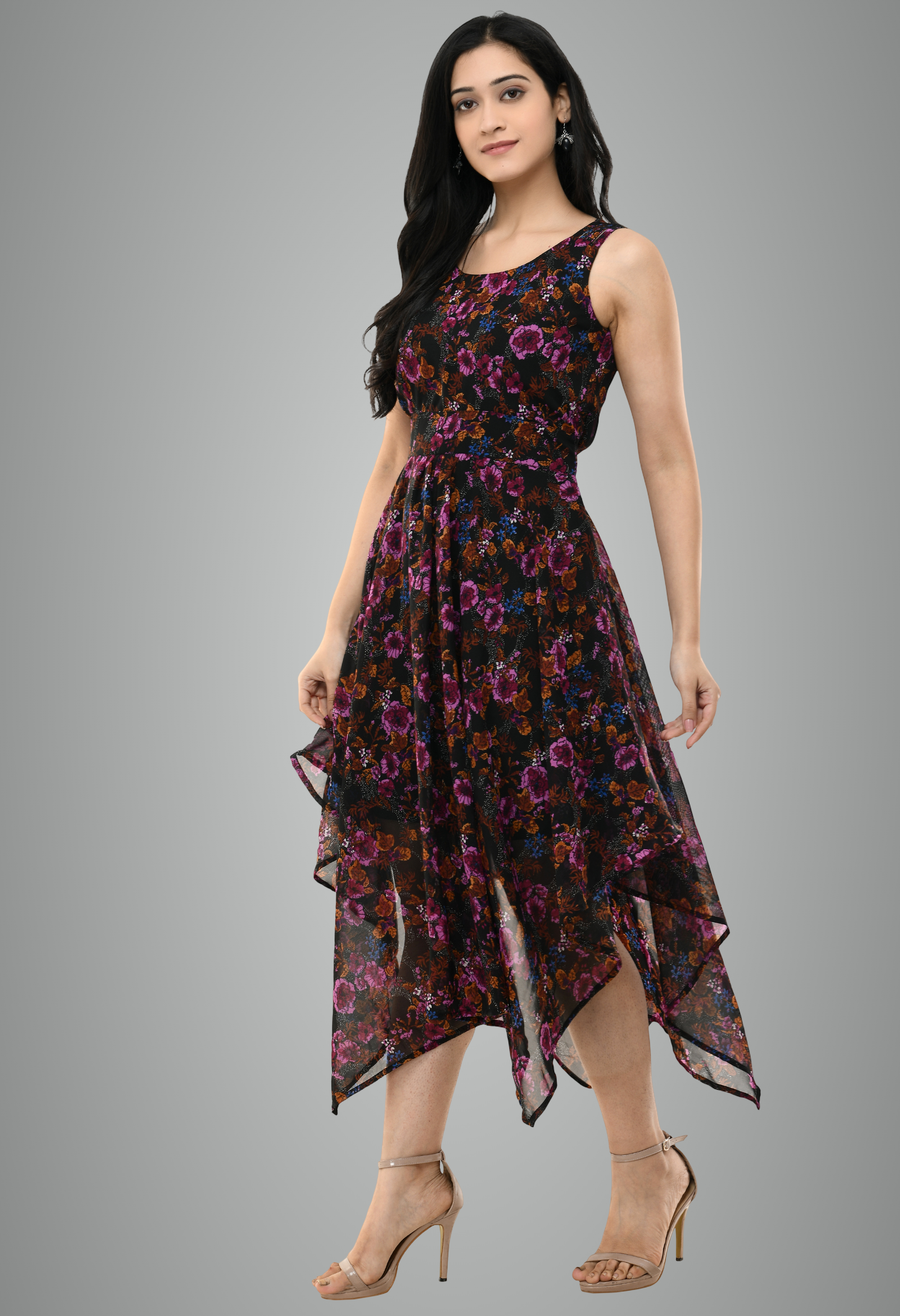 Black Georgette Floral Printed Sleeveless Floral Dress For Women