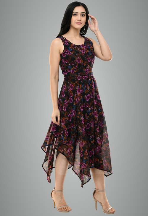 Black Georgette Floral Printed Sleeveless Floral Dress For Women