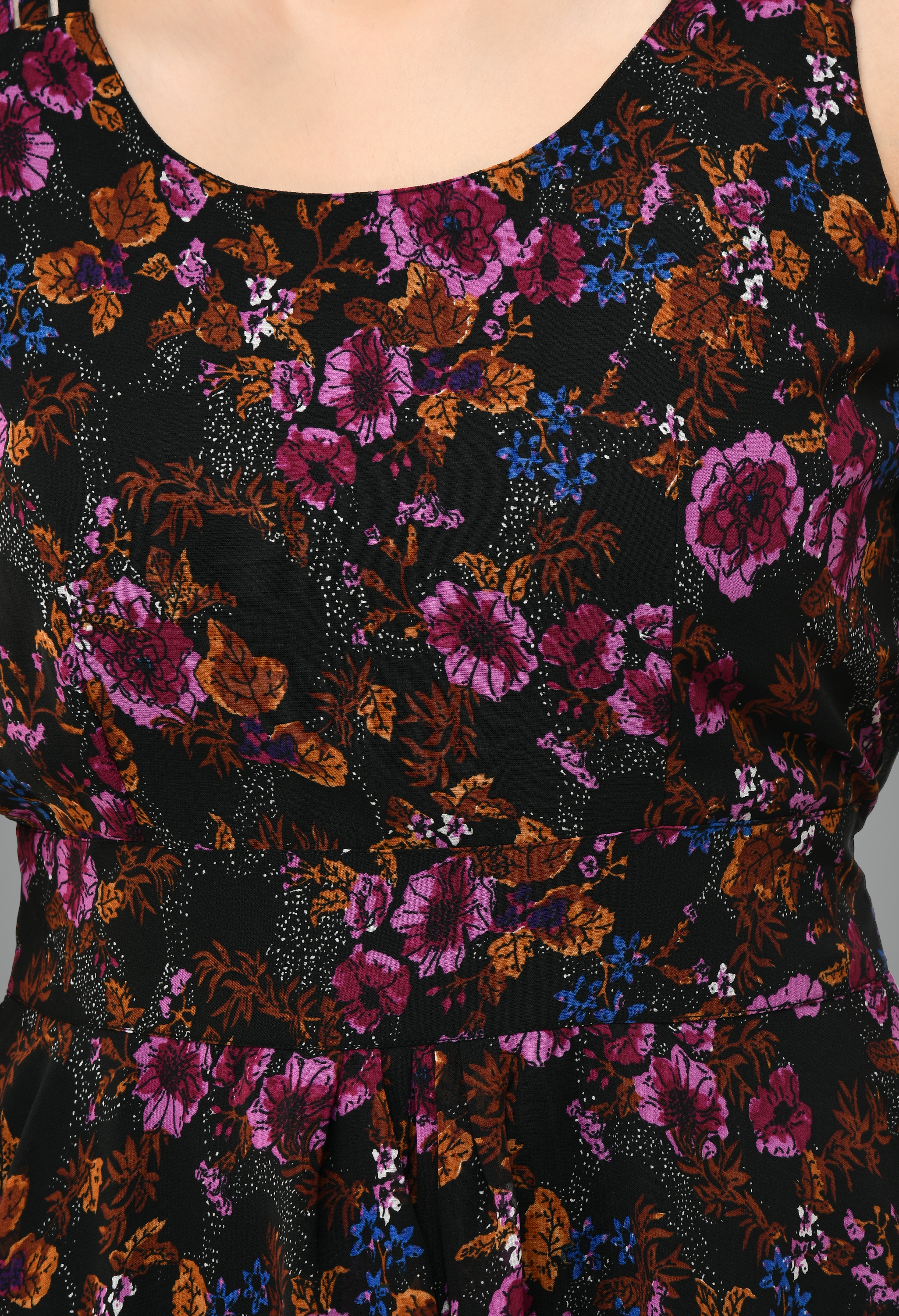 Black Georgette Floral Printed Sleeveless Floral Dress For Women