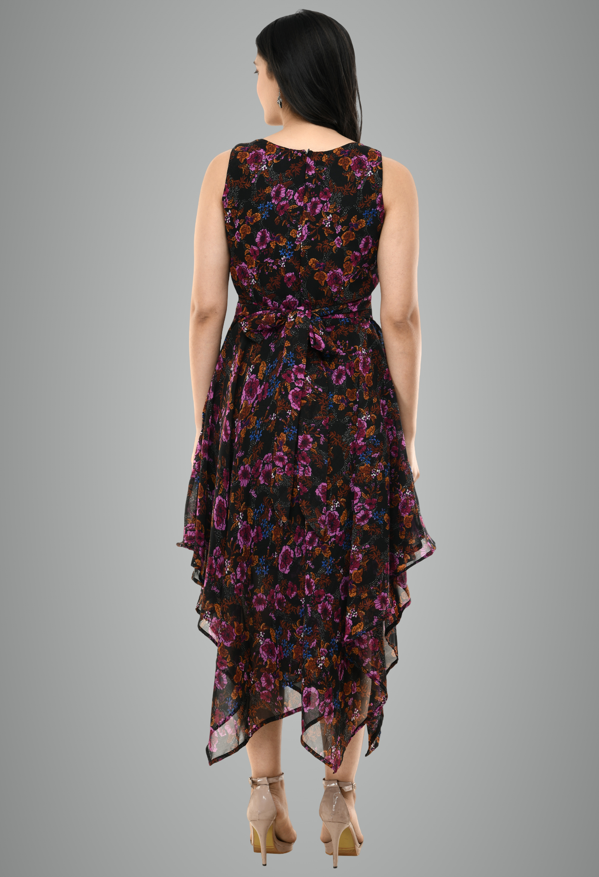 Black Georgette Floral Printed Sleeveless Floral Dress For Women