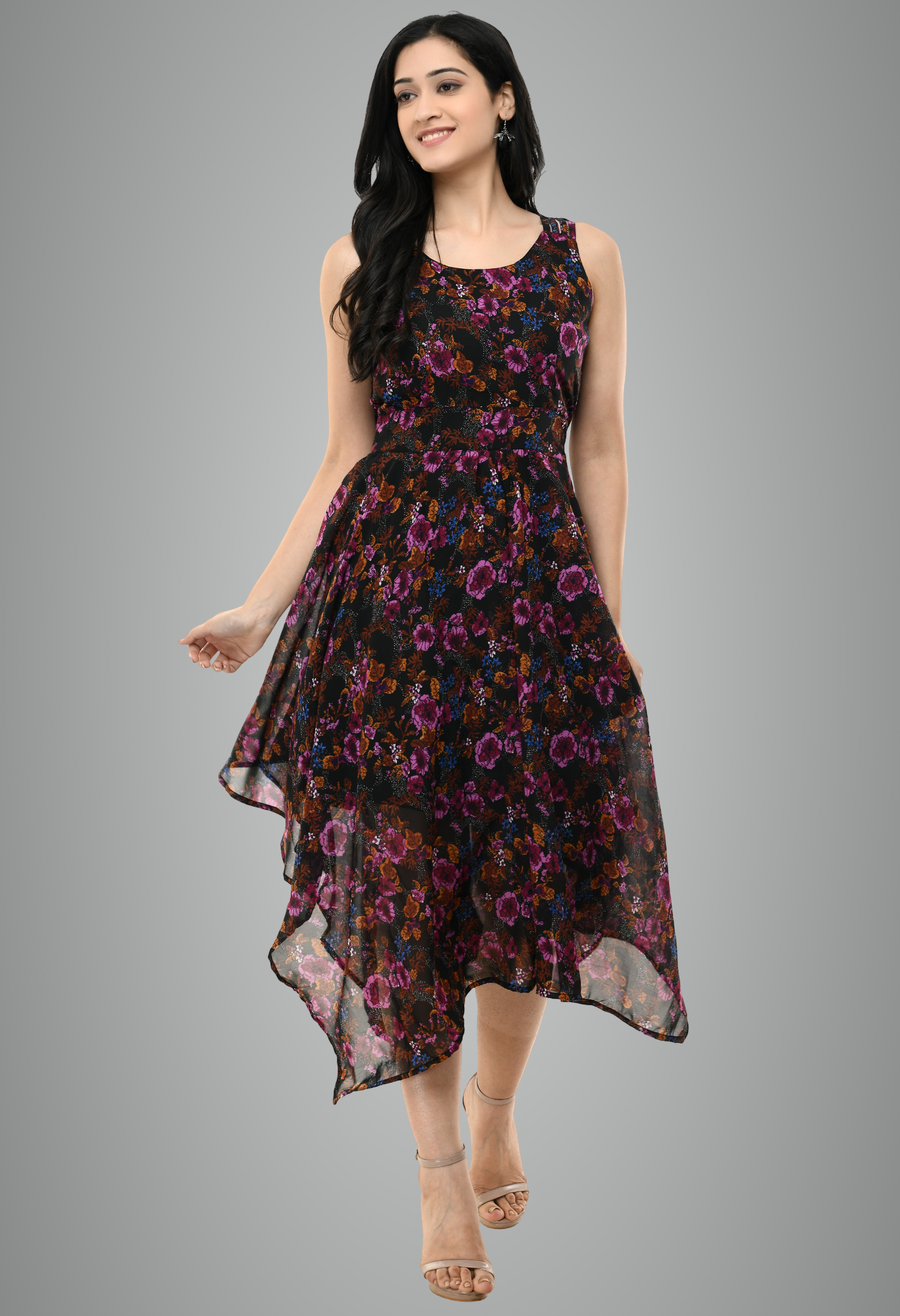 Black Georgette Floral Printed Sleeveless Floral Dress For Women
