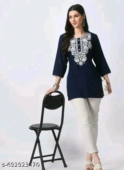 Blue Cotton Stylish Embroidered Straight Kurti For Women