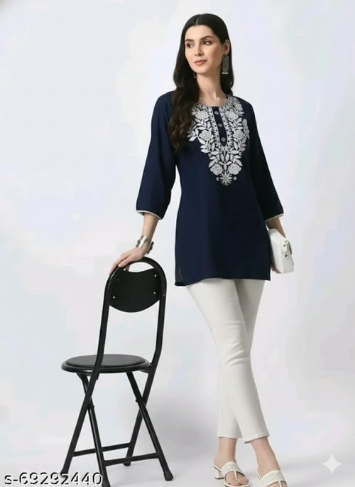 Blue Cotton Stylish Embroidered Straight Kurti For Women