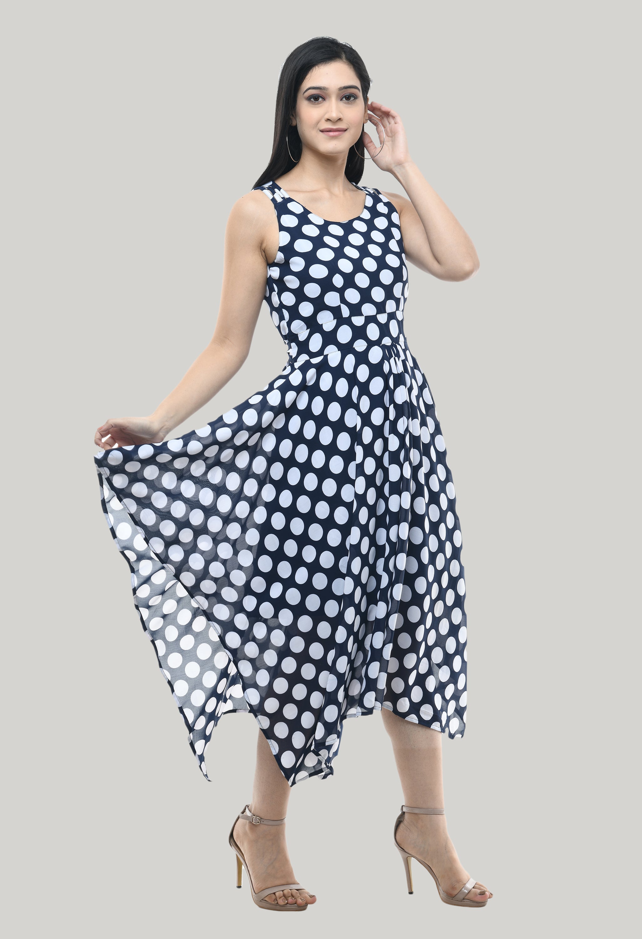 Navy Blue Georgette Floral Printed Sleeveless Floral Dress For Women
