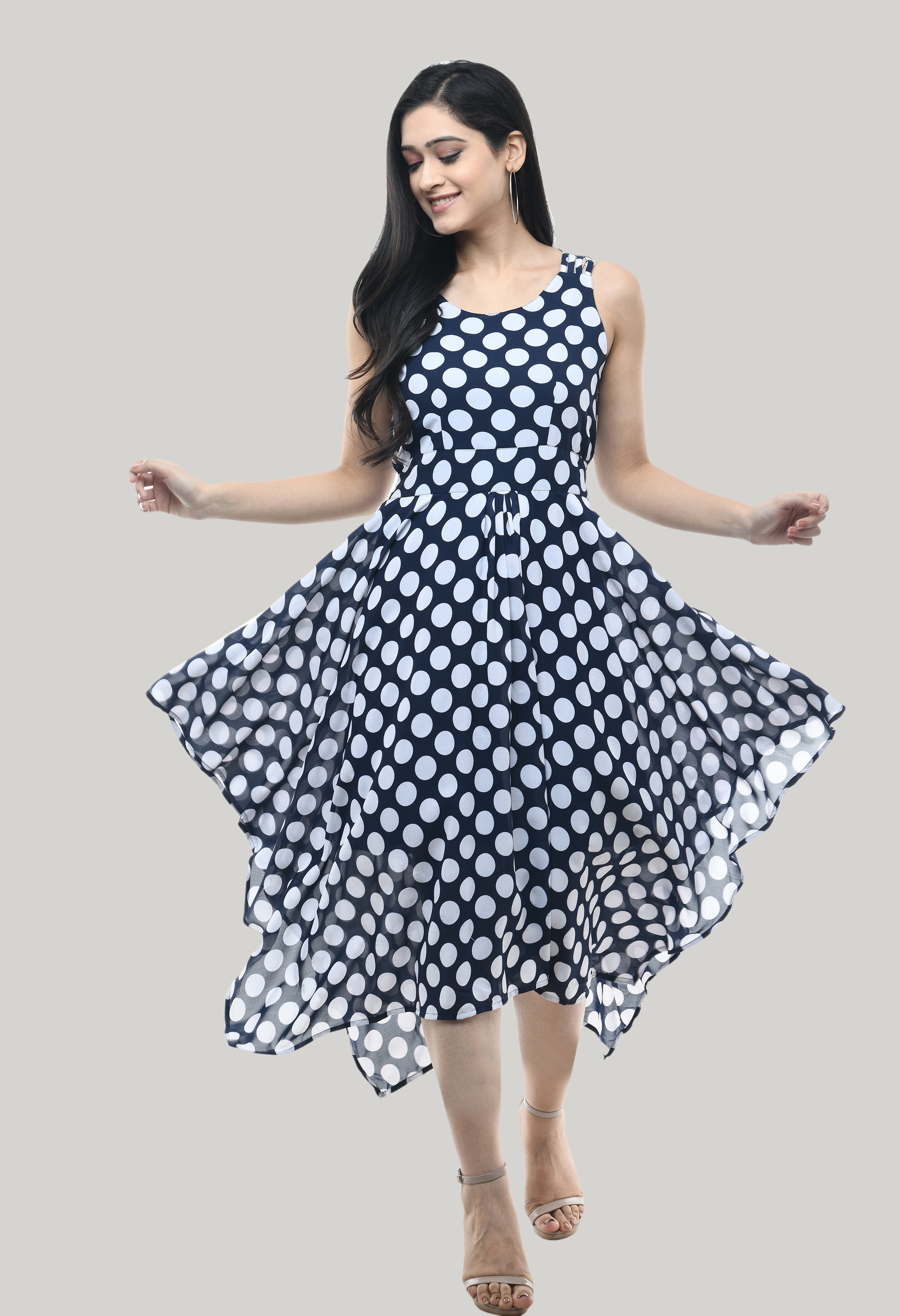 Navy Blue Georgette Floral Printed Sleeveless Floral Dress For Women