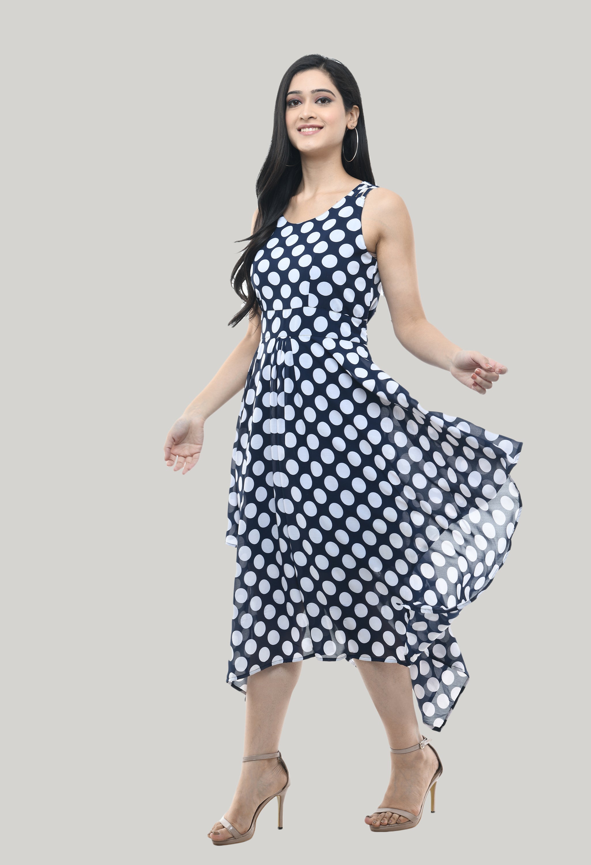 Navy Blue Georgette Floral Printed Sleeveless Floral Dress For Women