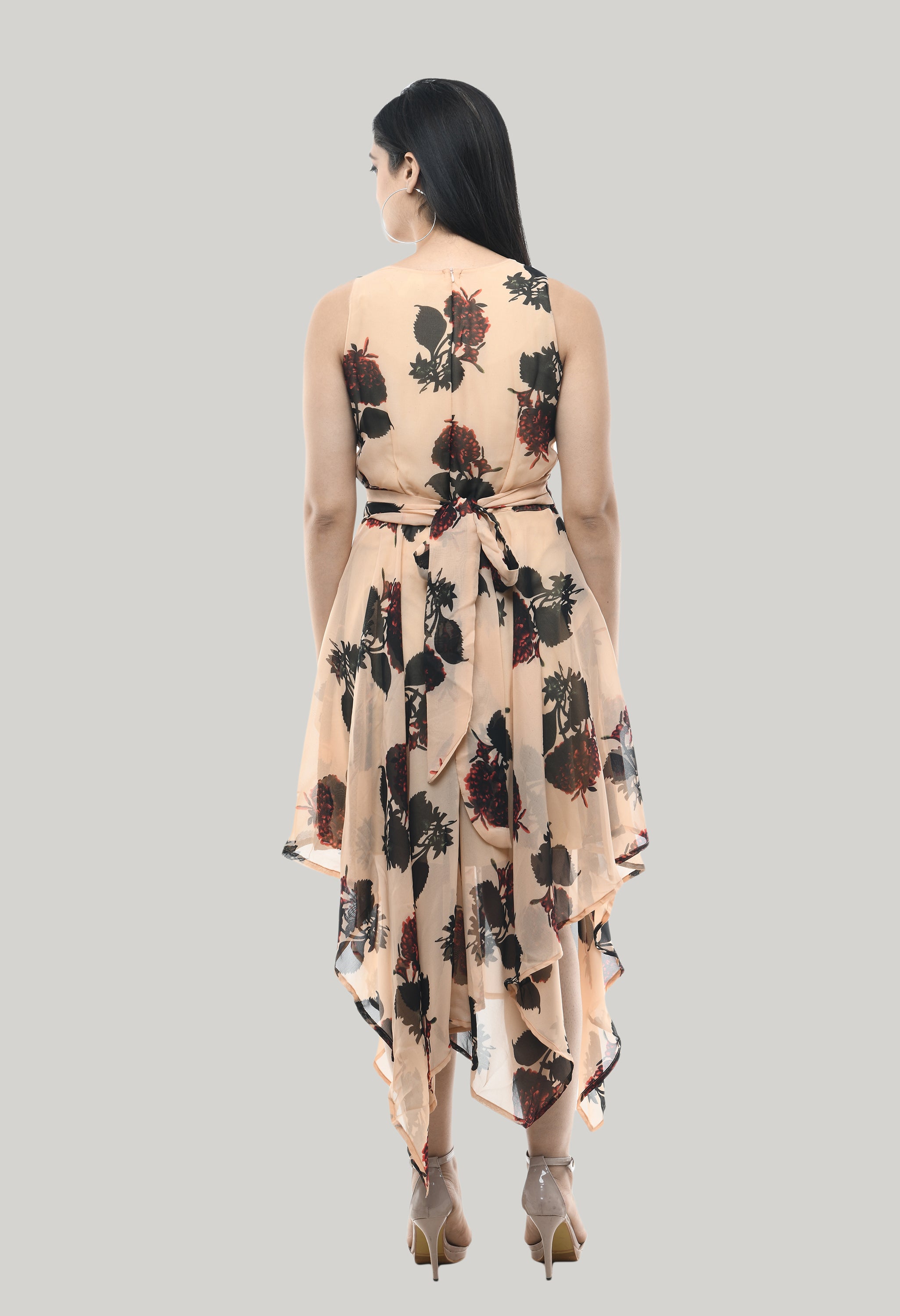 Peach Georgette Floral Printed Sleeveless Floral Dress For Women