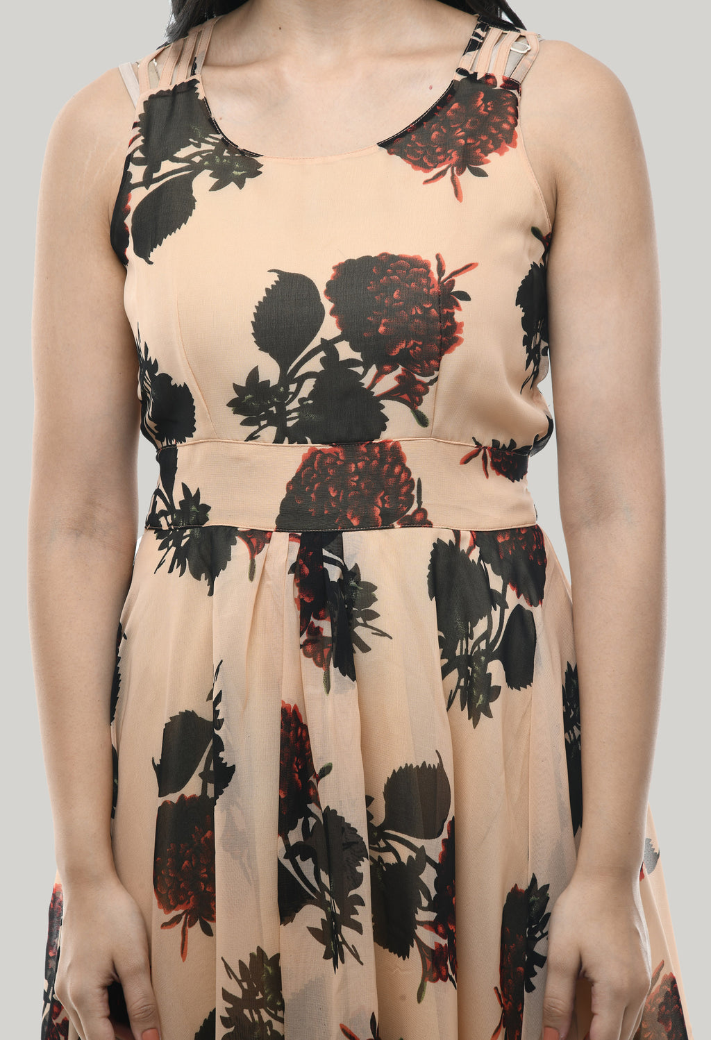 Peach Georgette Floral Printed Sleeveless Floral Dress For Women
