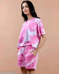 Pink Cotton Blend Tie Dye Co Ord Set Tshirt And Shorts For Women