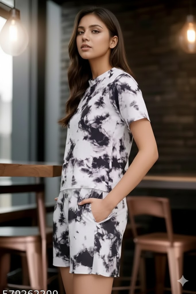 black Cotton Blend Tie Dye Co Ord Set Tshirt And Shorts For Women