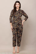 Multicolour Cotton Blend Stylish Printed Co Ords Set With Shirt Collar And Straight Pants For Women