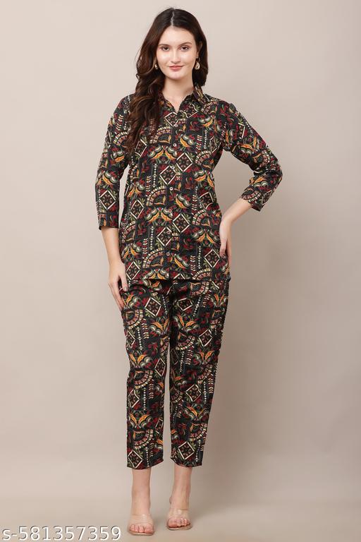 Multicolour Cotton Blend Stylish Printed Co Ords Set With Shirt Collar And Straight Pants For Women