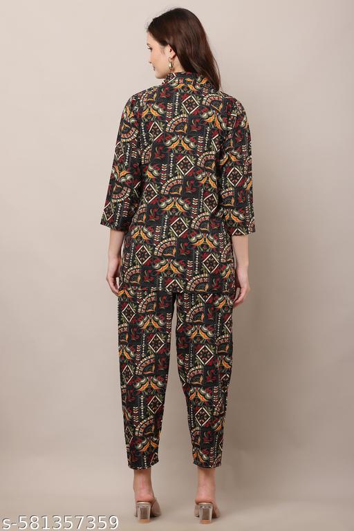 Multicolour Cotton Blend Stylish Printed Co Ords Set With Shirt Collar And Straight Pants For Women