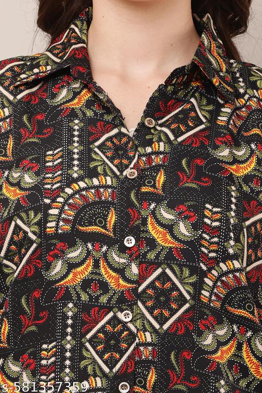 Multicolour Cotton Blend Stylish Printed Co Ords Set With Shirt Collar And Straight Pants For Women