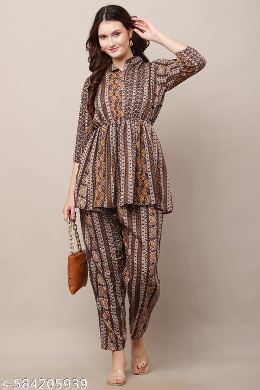 Multicolour Cotton Blend Stylish Printed Co Ords Set With Shirt Collar And Straight Pants For Women