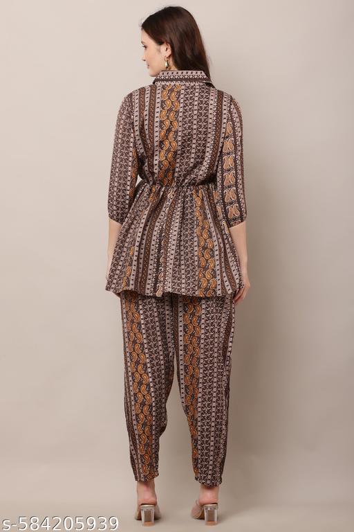 Multicolour Cotton Blend Stylish Printed Co Ords Set With Shirt Collar And Straight Pants For Women