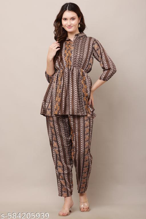 Multicolour Cotton Blend Stylish Printed Co Ords Set With Shirt Collar And Straight Pants For Women
