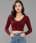 Cotton Blend Stylish Long Sleeve Fitted Crop Top For Women RED