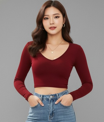 Cotton Blend Stylish Long Sleeve Fitted Crop Top For Women RED