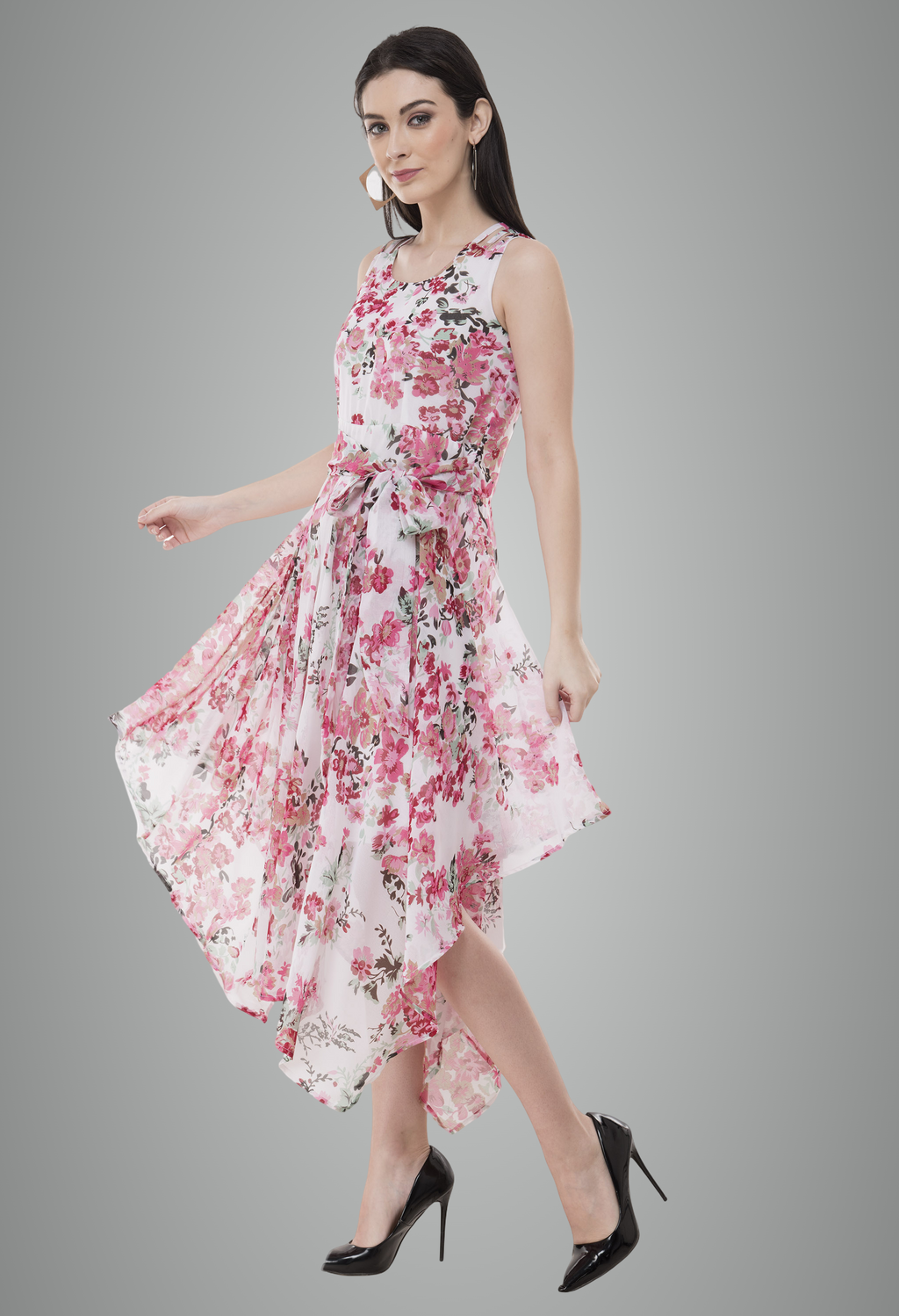 Georgette Floral Printed Sleeveless Floral Dress For Women