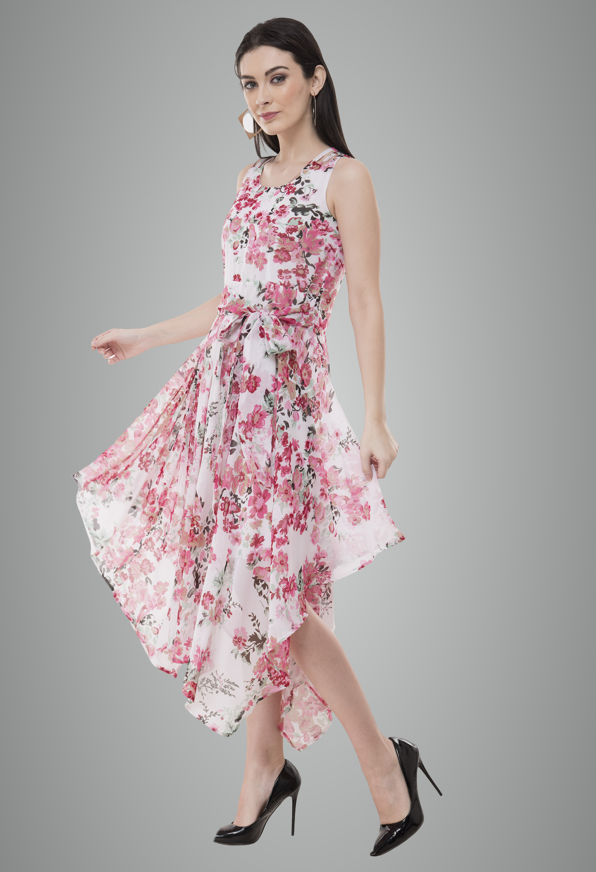 Georgette Floral Printed Sleeveless Floral Dress For Women