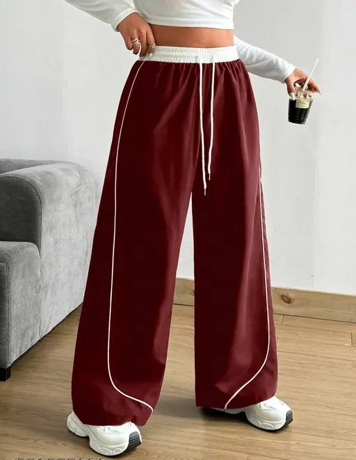 Wine Polyester Wide Leg Palazzo Pants For Women