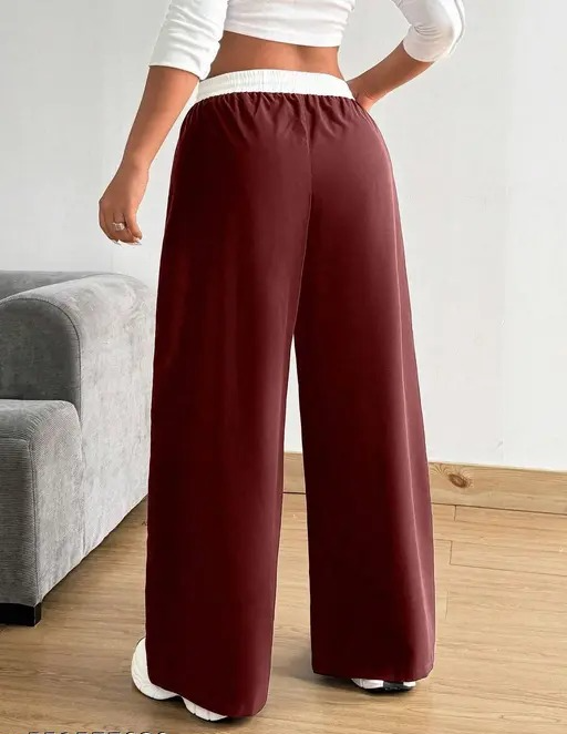 Wine Polyester Wide Leg Palazzo Pants For Women